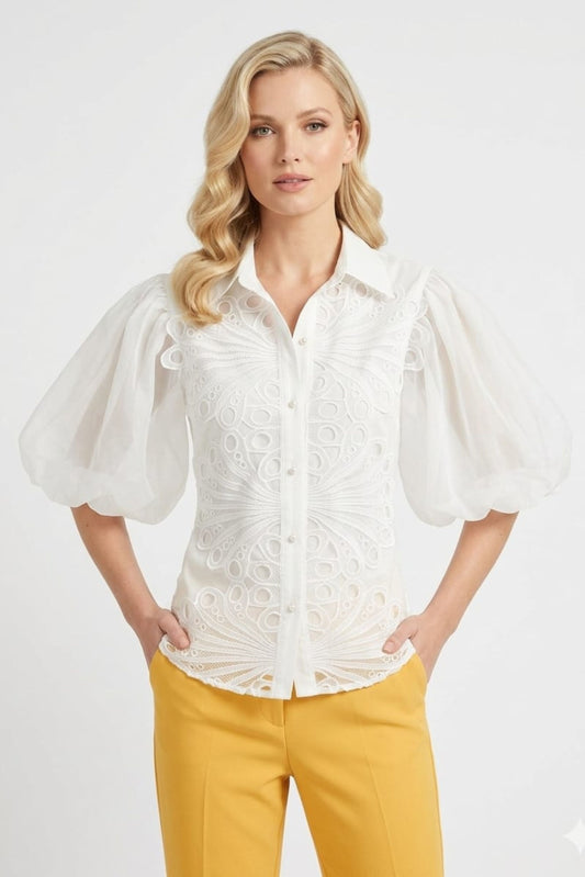 VIVID Ivory Butterfly Eyelet Blouse Organza Lantern Sleeves