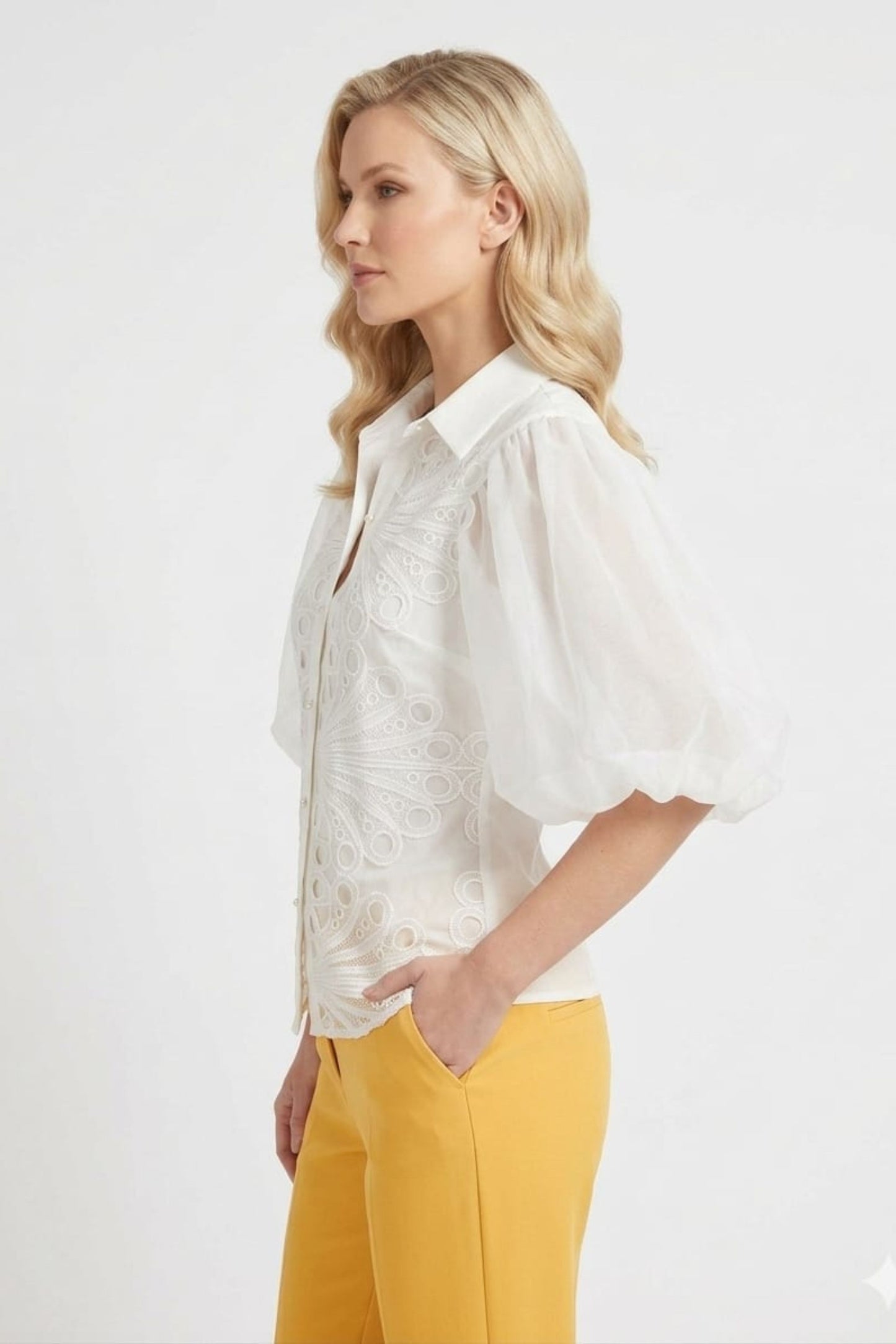 VIVID Ivory Butterfly Eyelet Blouse Organza Lantern Sleeves