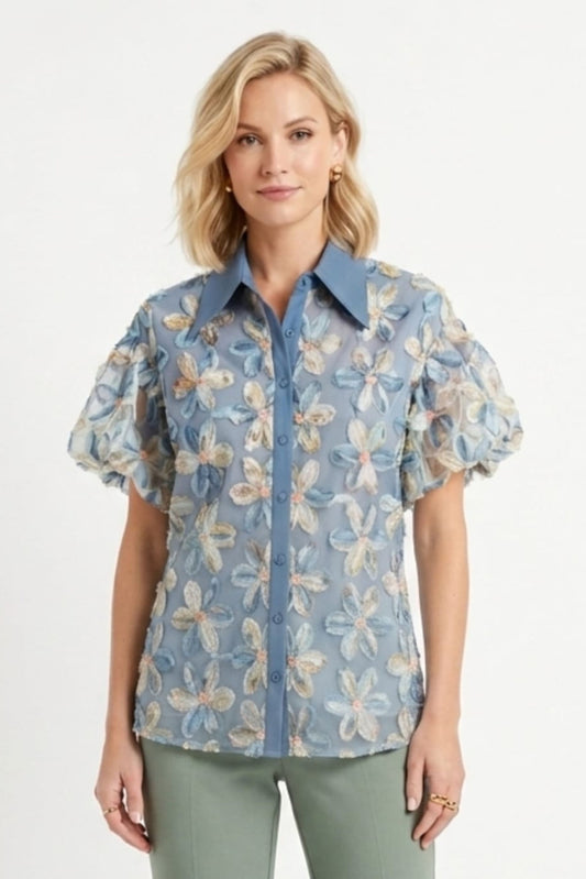 VIVID 3D Floral Appliqué Puff Sleeve Blouse