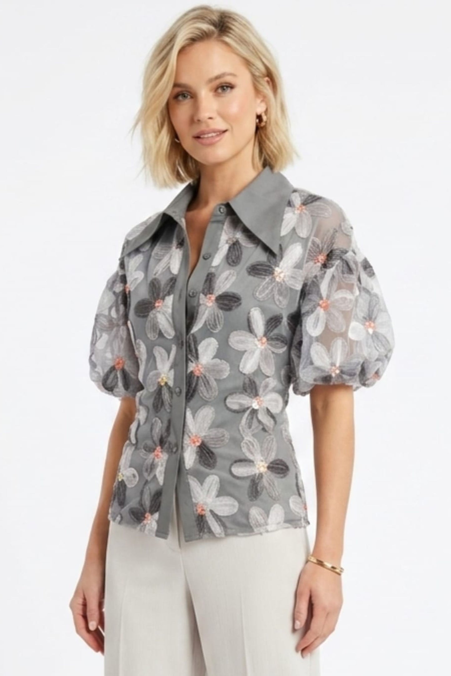VIVID 3D Floral Appliqué Puff Sleeve Blouse