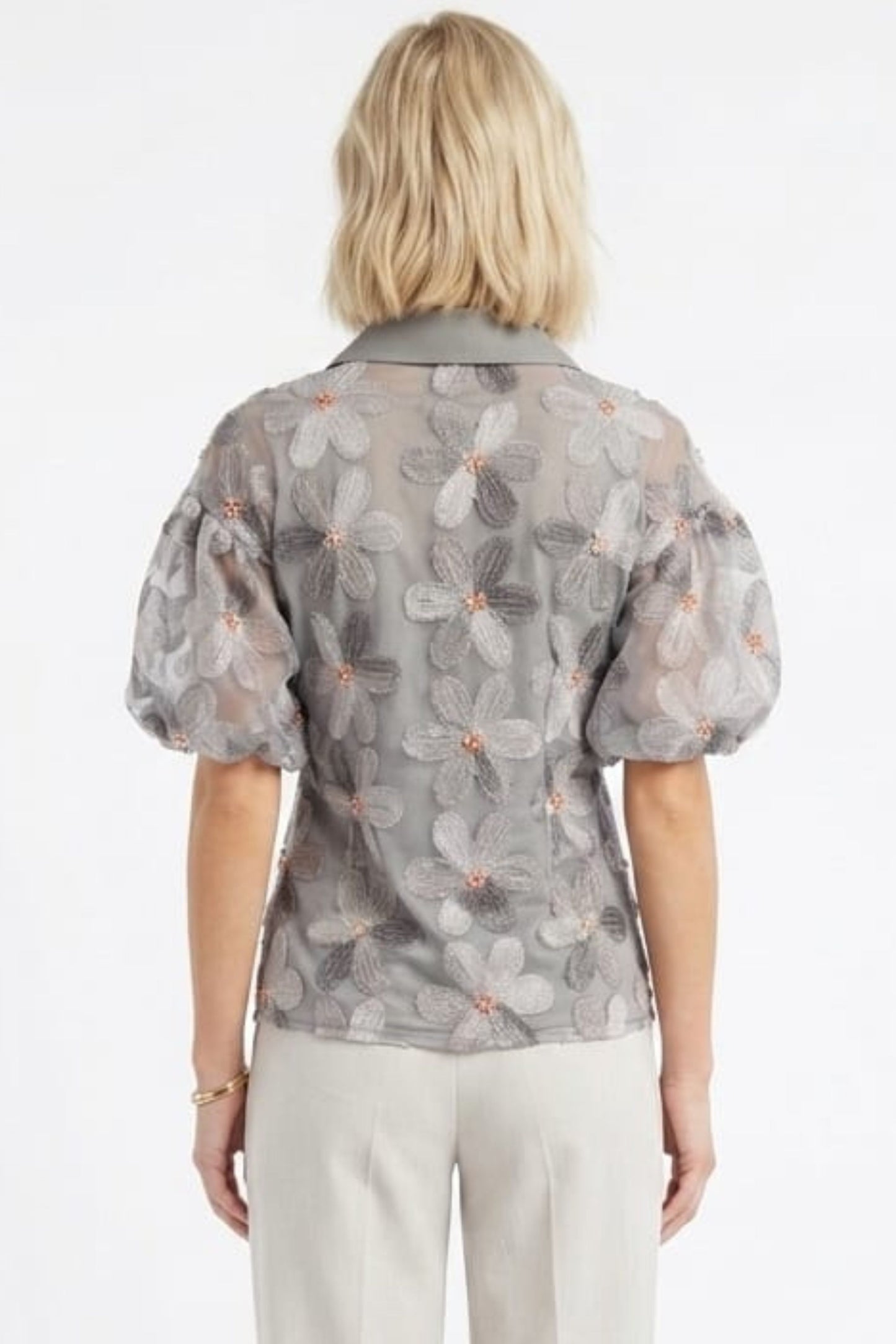 VIVID 3D Floral Appliqué Puff Sleeve Blouse