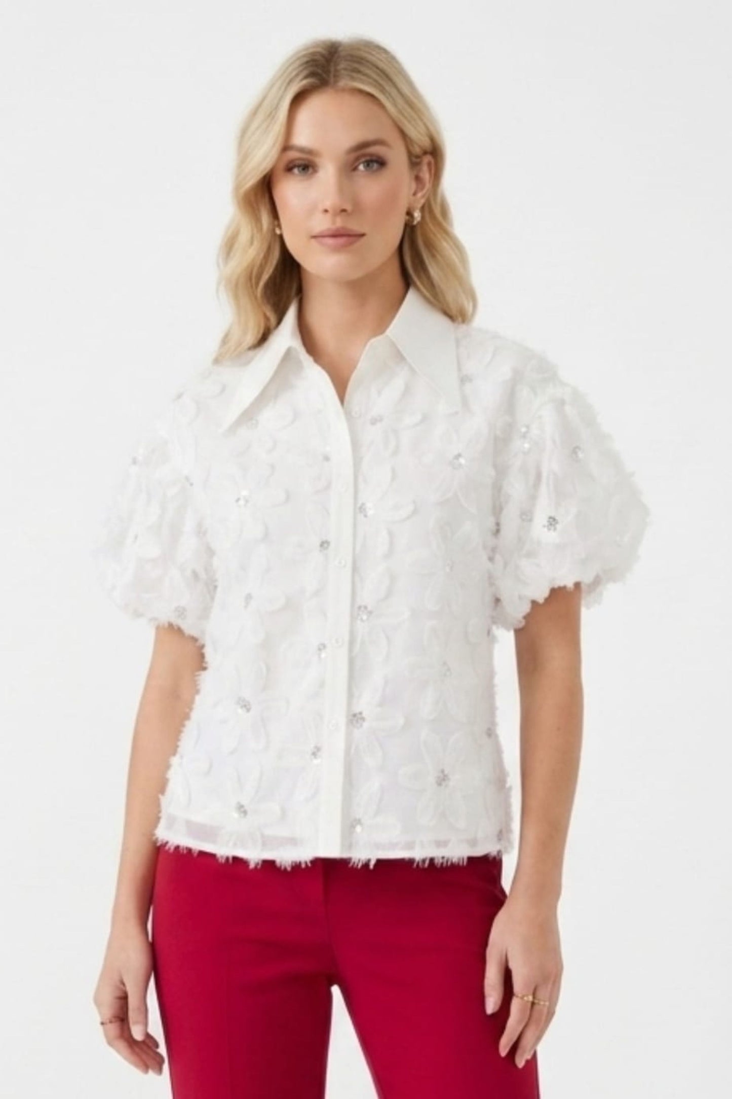 VIVID 3D Floral Appliqué Puff Sleeve Blouse