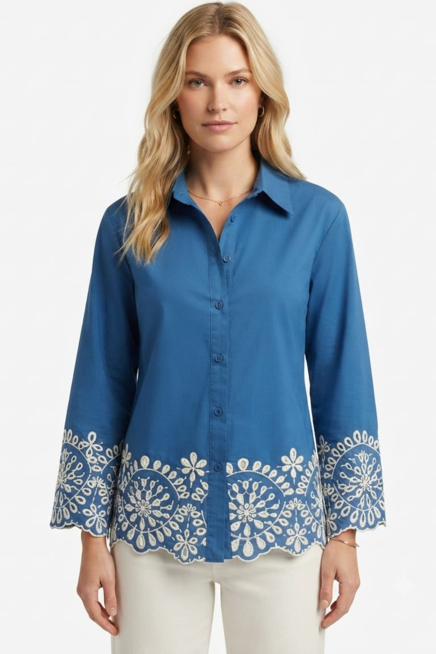 Vivid Eyelet Embroidered Scallop Button-Down Top