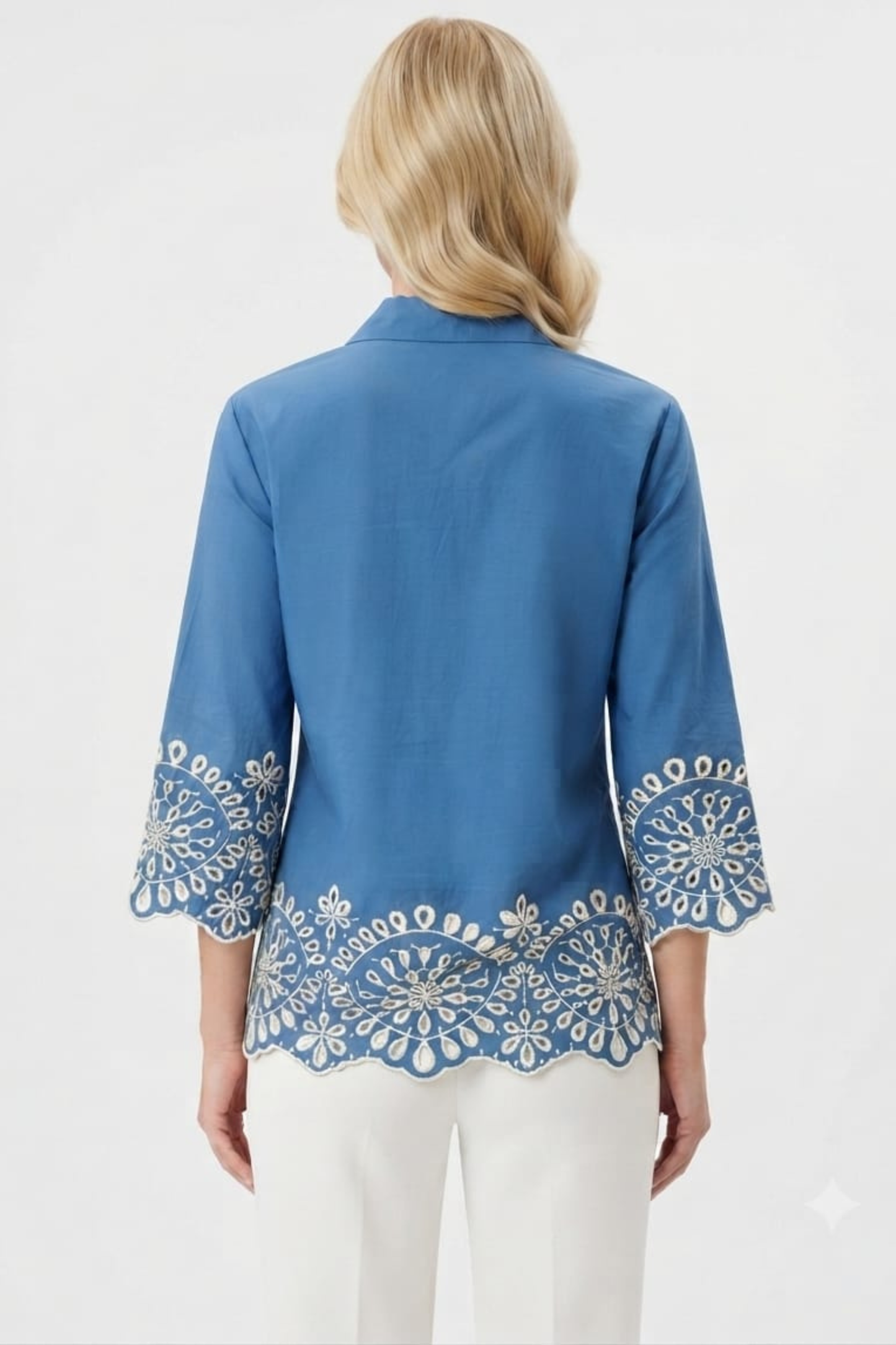 Vivid Eyelet Embroidered Scallop Button-Down Top