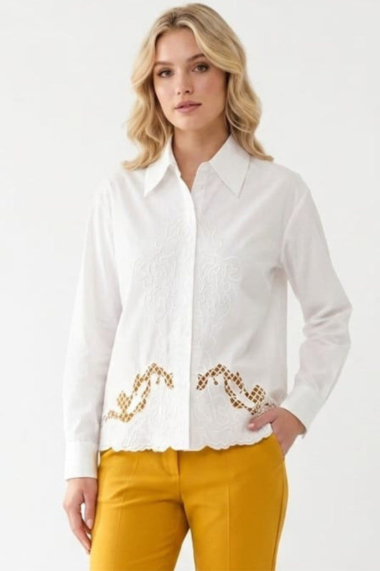 VIVID Embroidered Button-Down Top Scalloped Eyelet Hem