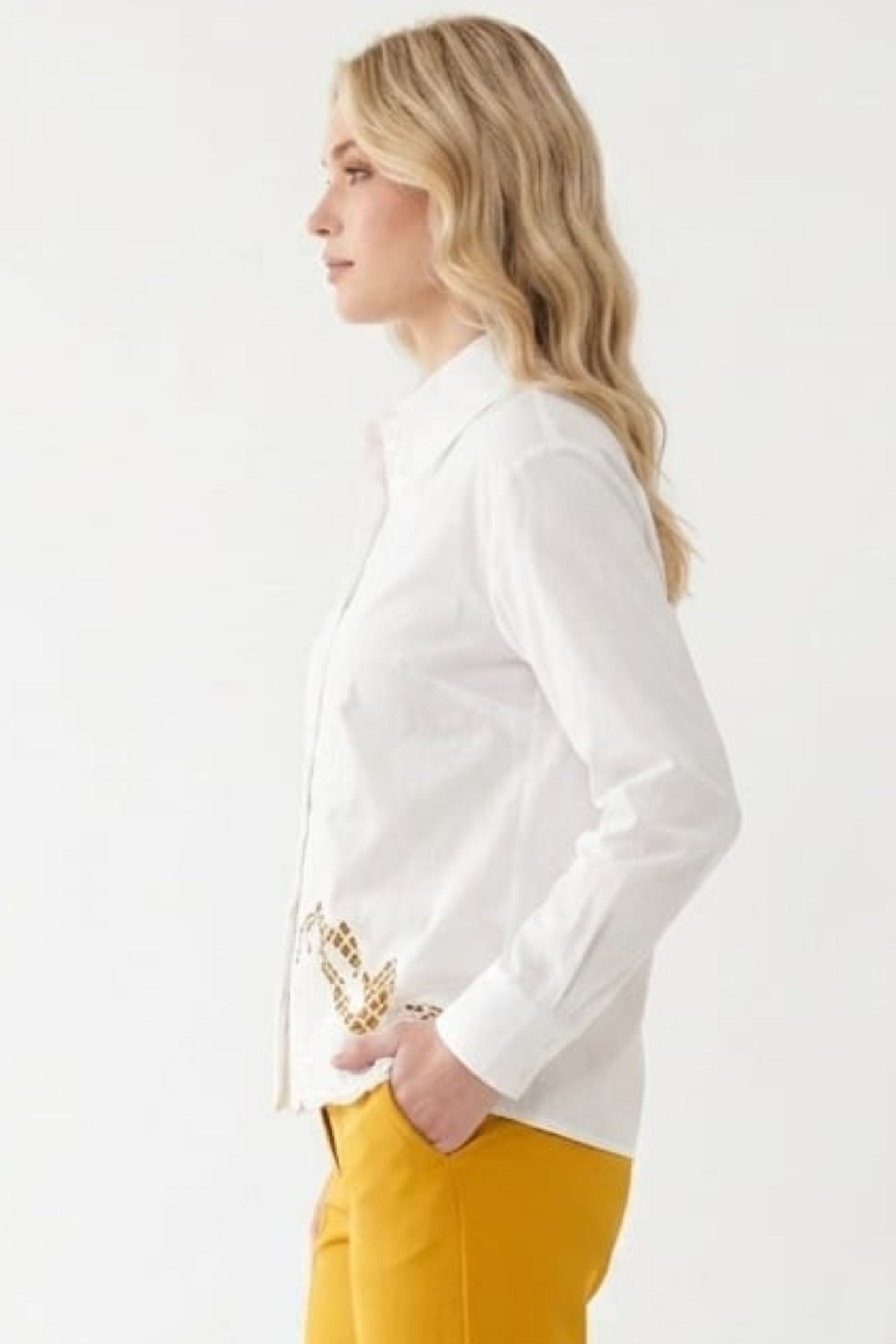 VIVID Embroidered Button-Down Top Scalloped Eyelet Hem