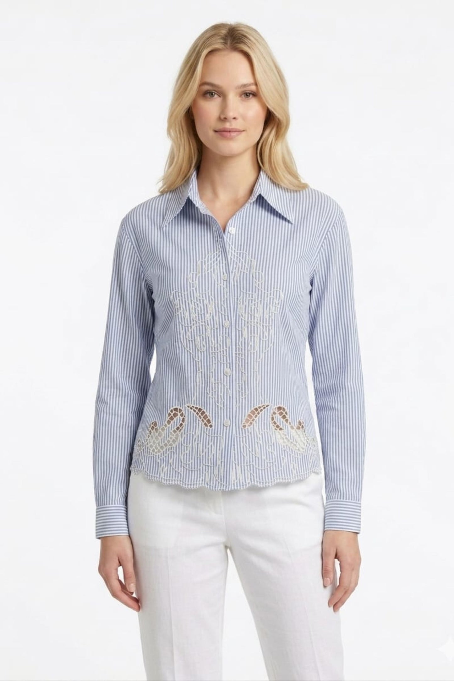 VIVID Embroidered Button-Down Top Scalloped Eyelet Hem