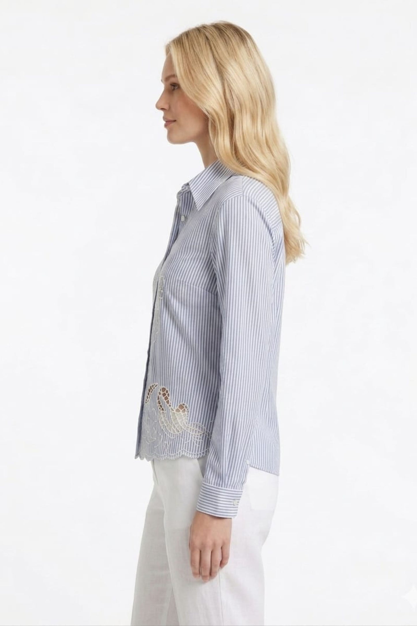 VIVID Embroidered Button-Down Top Scalloped Eyelet Hem