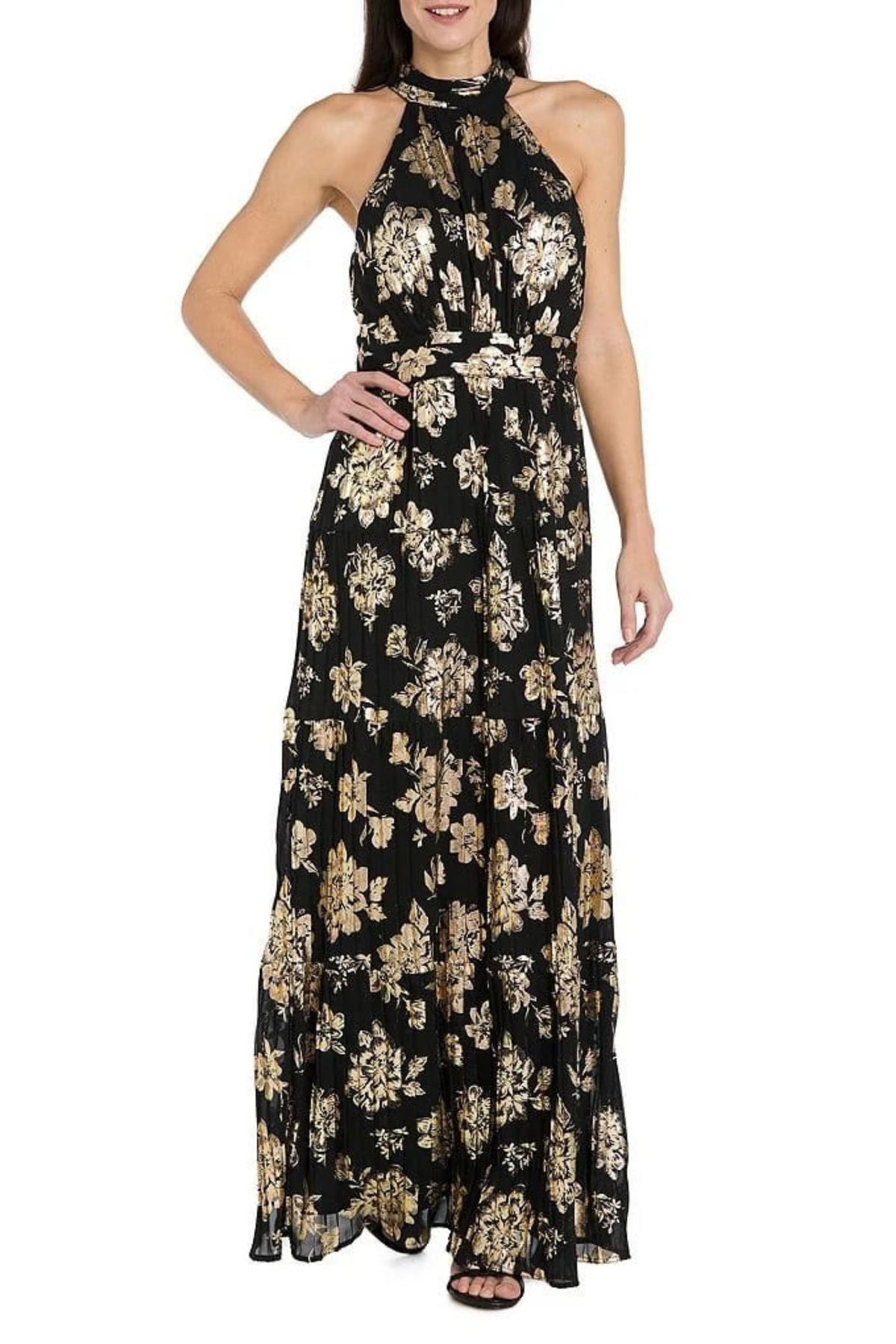 R&M Richards Metallic Floral Halter Evening Dress