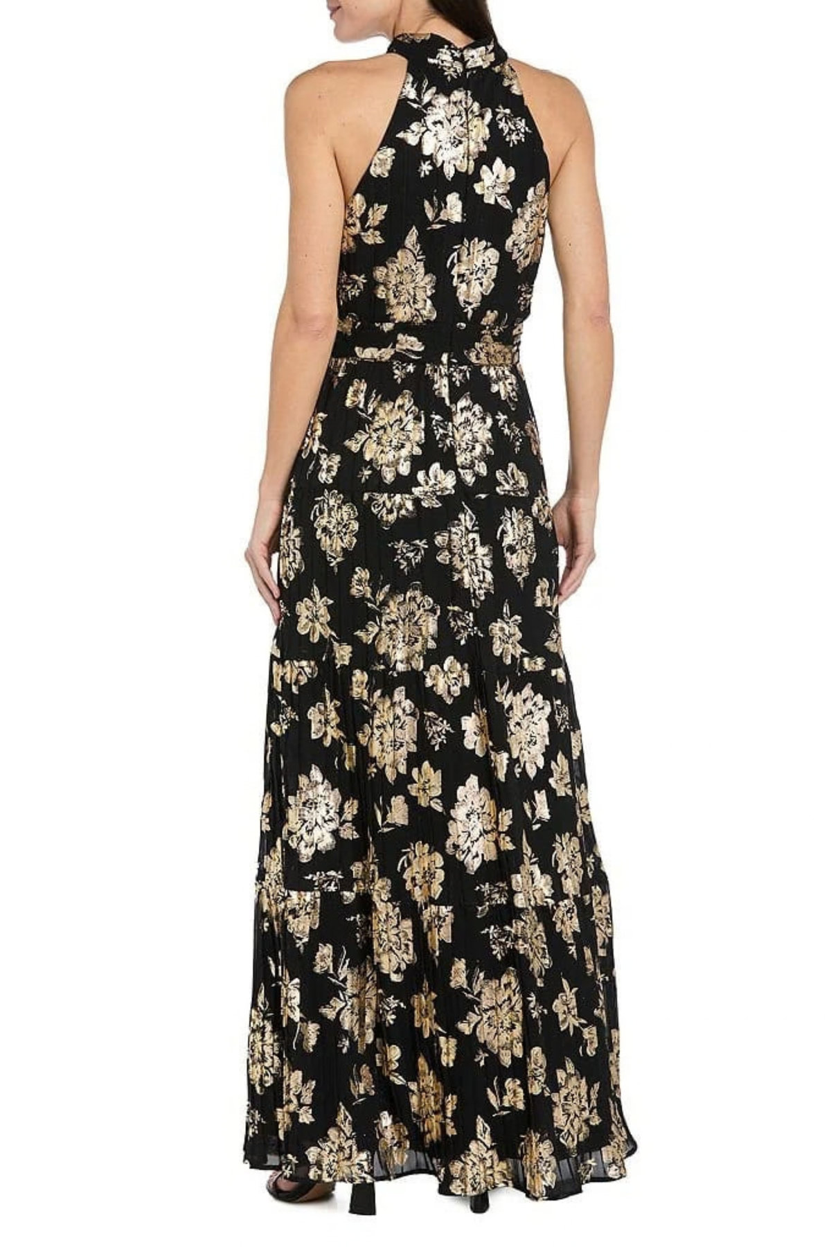 R&M Richards Metallic Floral Halter Evening Dress