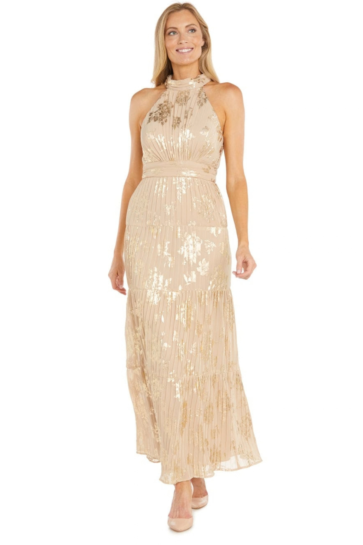 R&M Richards Metallic Floral Halter Evening Dress
