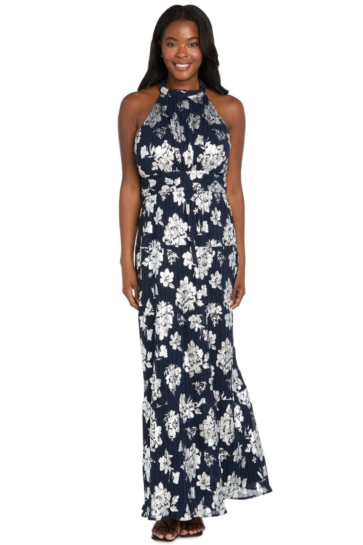 R&M Richards Metallic Floral Halter Evening Dress