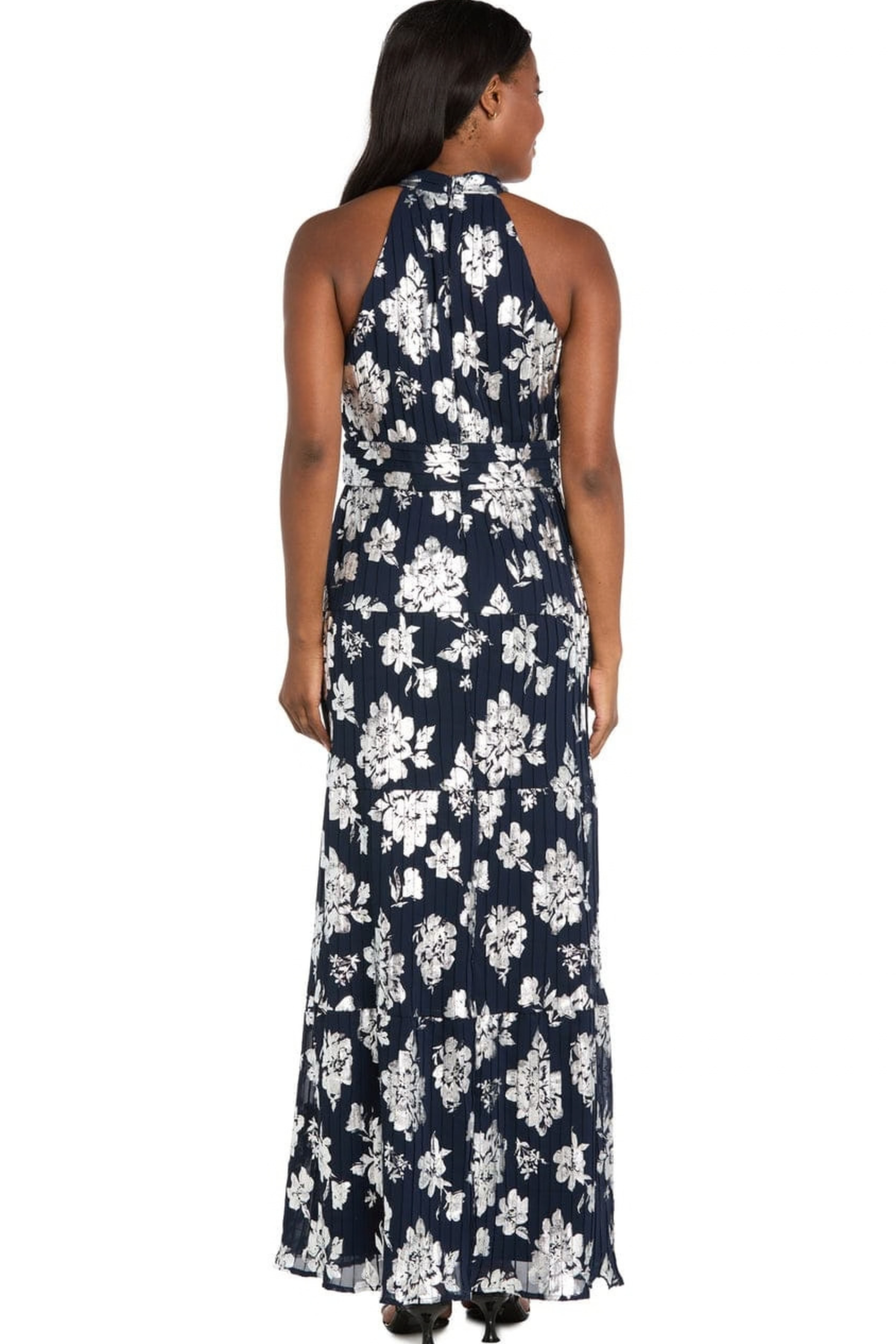 R&M Richards Metallic Floral Halter Evening Dress