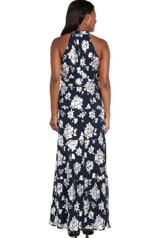 R&M Richards Metallic Floral Halter Evening Dress