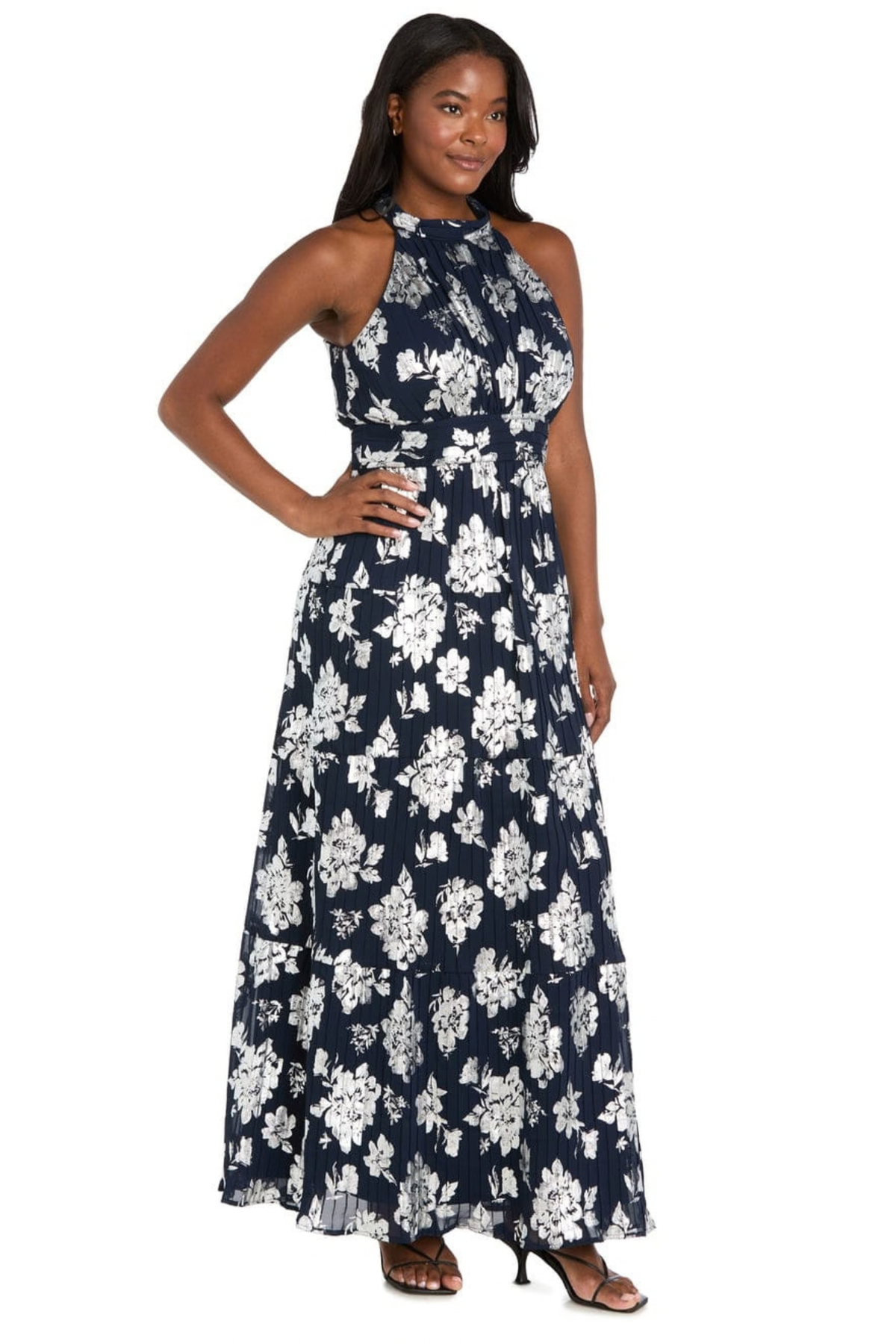 R&M Richards Metallic Floral Halter Evening Dress