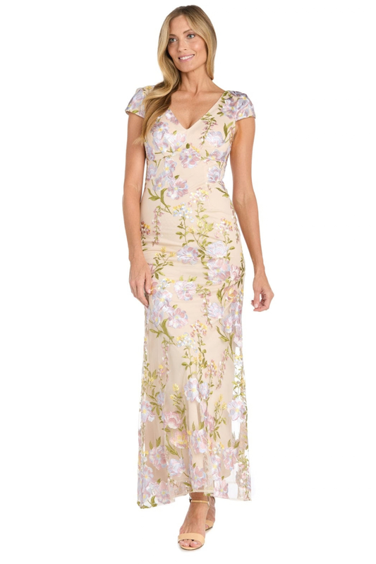 R&M Richards Nude Multi Pastel Floral Embroidered Mesh Evening Dress