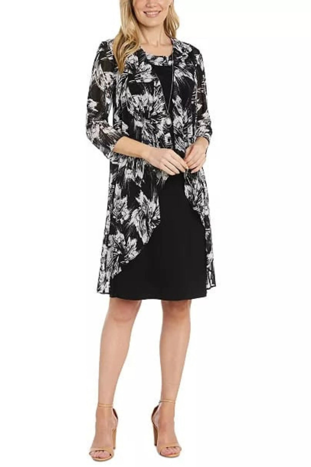 R&M Richards Black White Abstract Floral Duster Jacket Dress