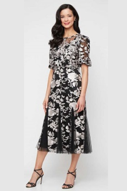 Alex Evenings Black & Taupe Embroidered 2-Piece Evening Dress with Jacket
