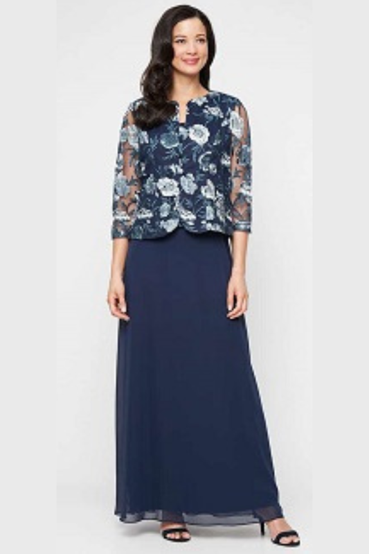 Alex Evenings Navy Multi Embroidered 2-Piece Evening Dress with Jacket