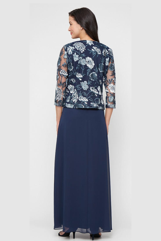 Alex Evenings Navy Multi Embroidered 2-Piece Evening Dress with Jacket