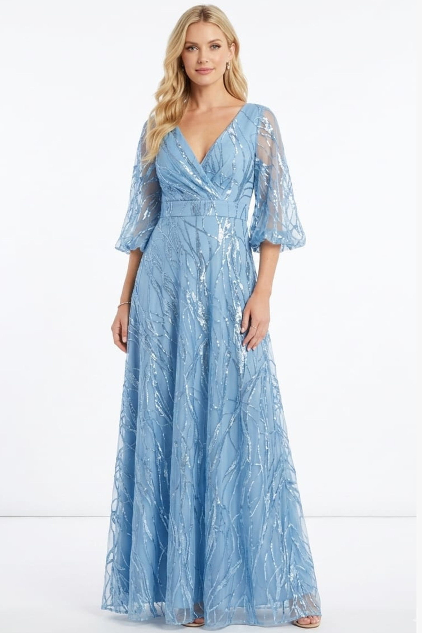 Alex Evenings Sky Blue Sequined Mesh A-Line Evening Dress