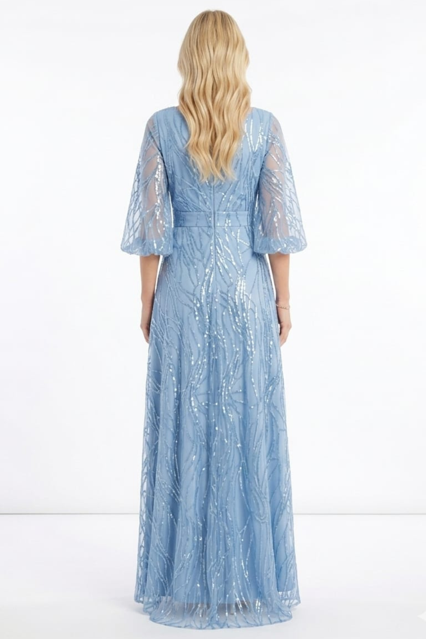 Alex Evenings Sky Blue Sequined Mesh A-Line Evening Dress