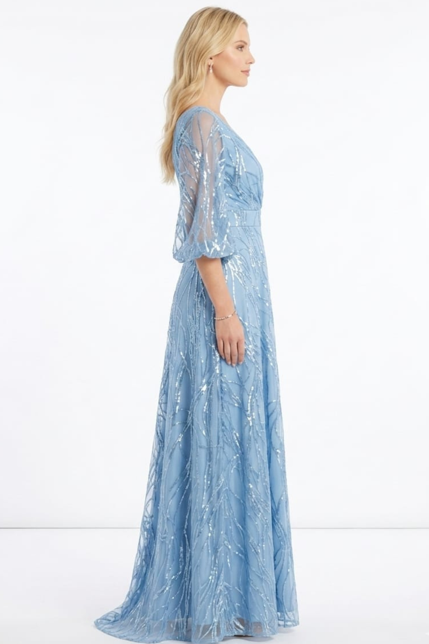 Alex Evenings Sky Blue Sequined Mesh A-Line Evening Dress