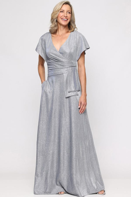 SLNY Slate Silver Metallic Shimmer Tied-Waist Evening Gown with Pockets