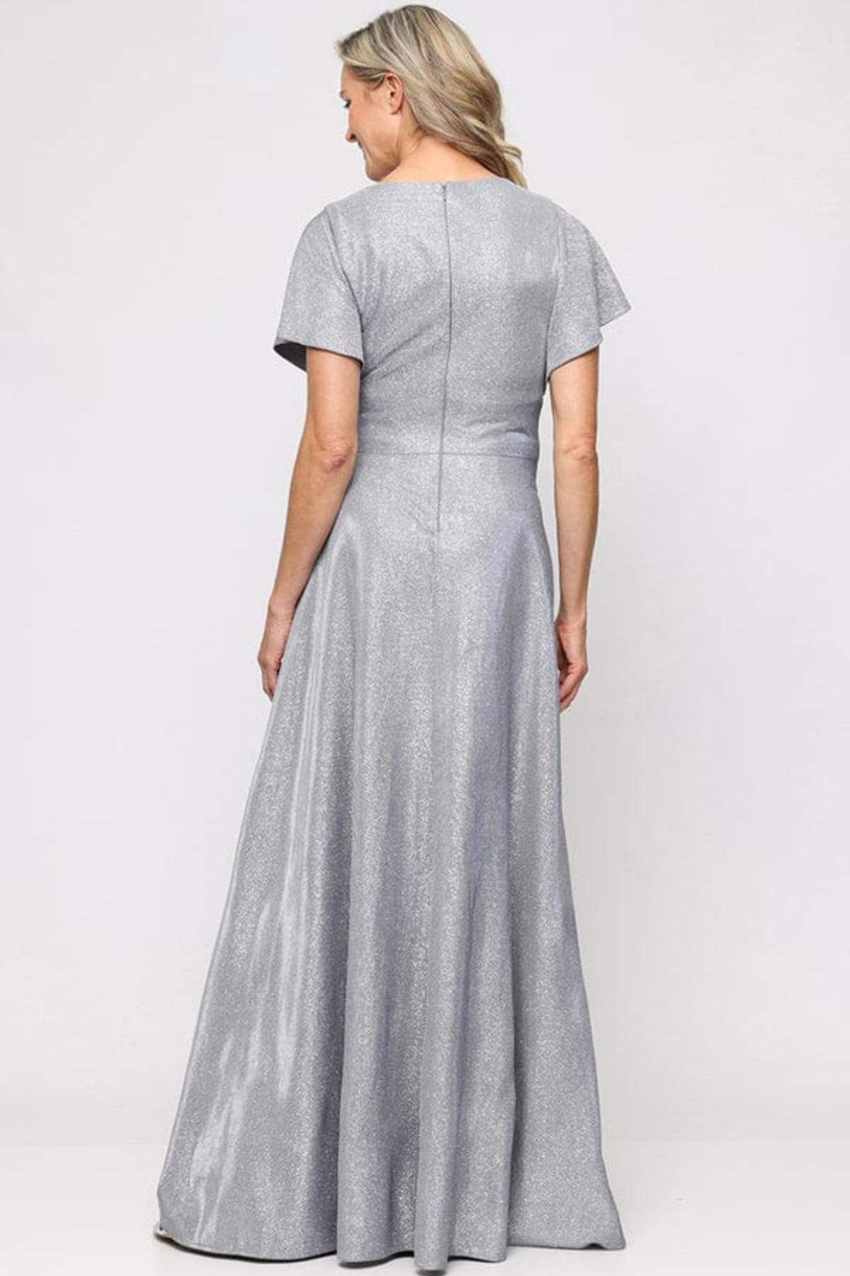 SLNY Slate Silver Metallic Shimmer Tied-Waist Evening Gown with Pockets