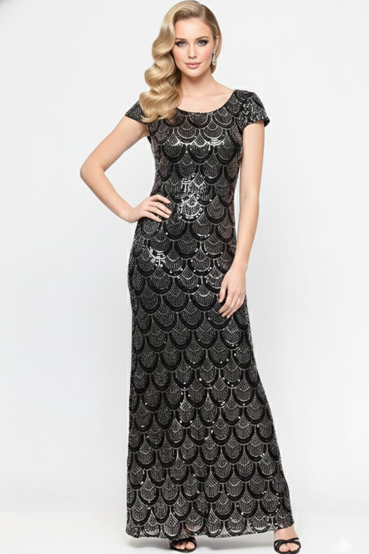 Alex Evenings Black Copper Sequined Scallop Sheath Evening Dress