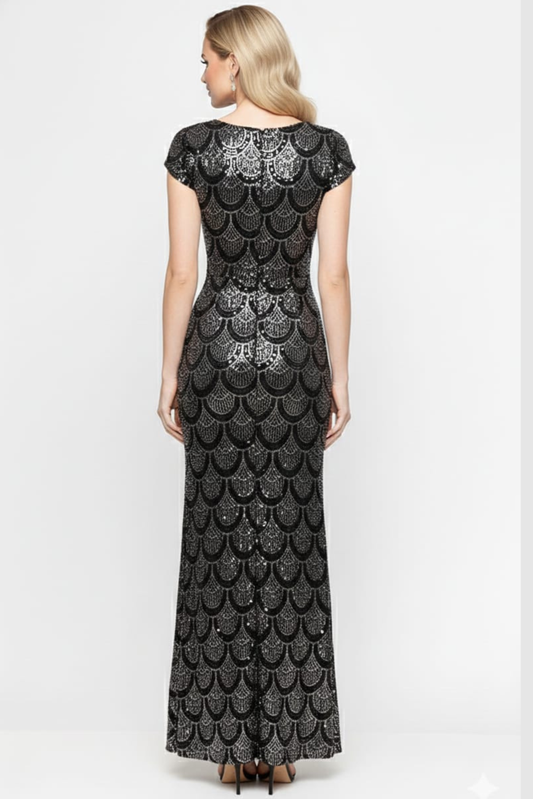 Alex Evenings Black Copper Sequined Scallop Sheath Evening Dress