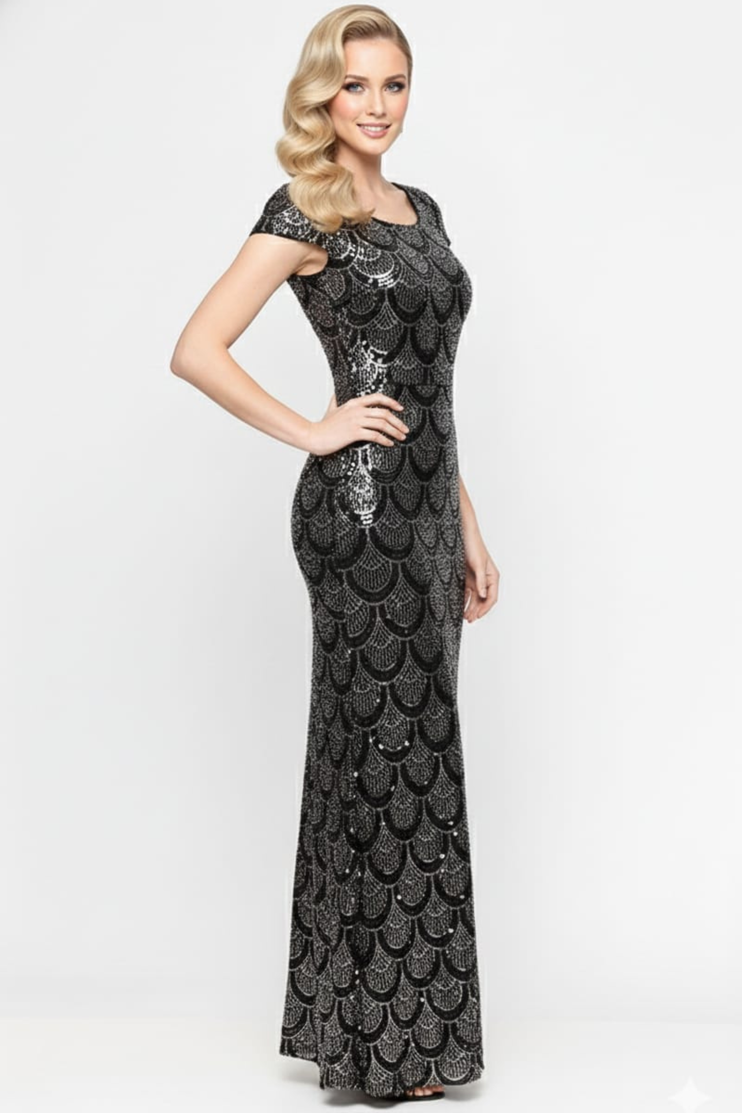 Alex Evenings Black Copper Sequined Scallop Sheath Evening Dress
