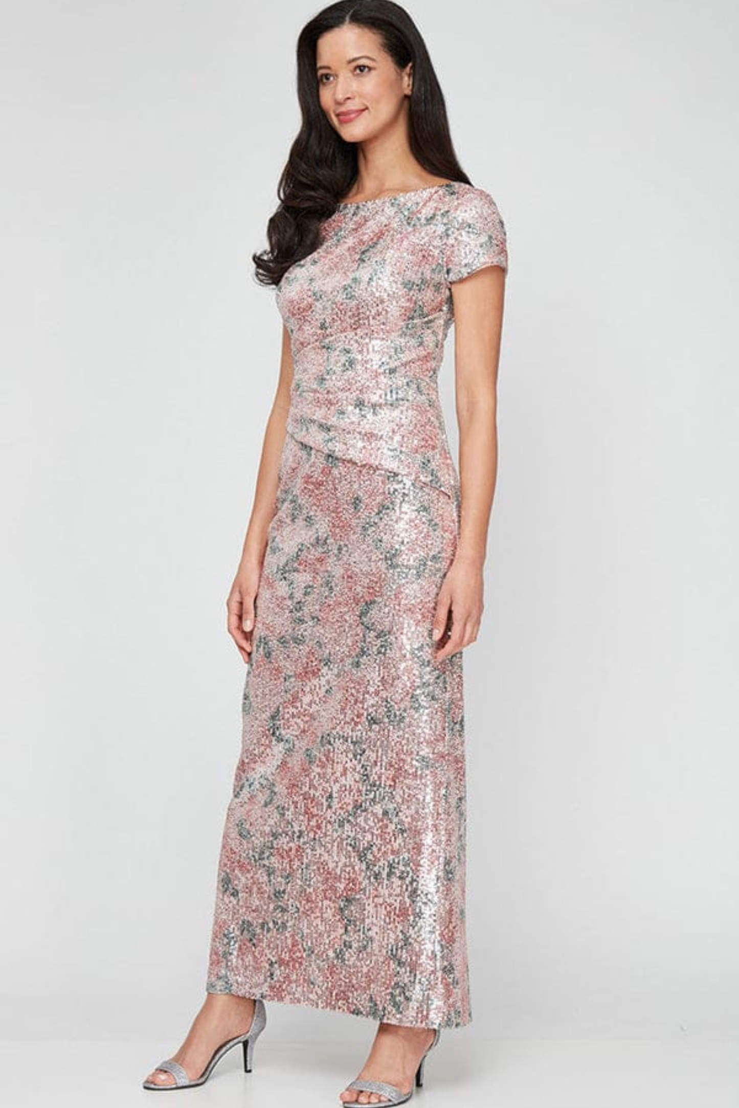 Alex Evenings Blush Multi Sequined Floral Sheath Evening Dress