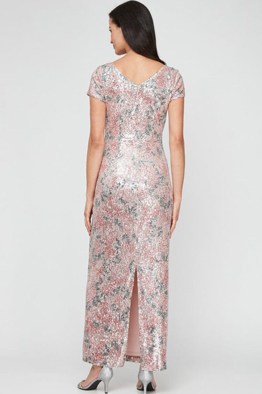 Alex Evenings Blush Multi Sequined Floral Sheath Evening Dress