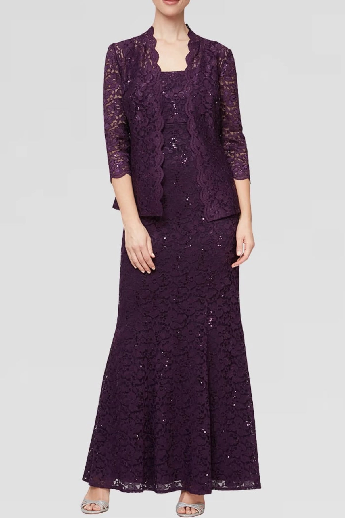 SLNY Eggplant Sequin Lace 2-Piece Jacket Evening Gown