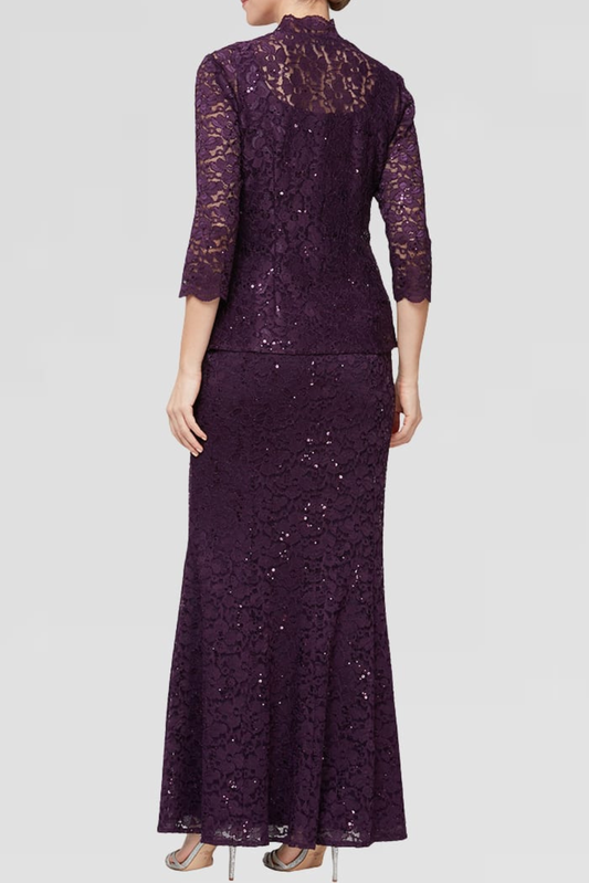 SLNY Eggplant Sequin Lace 2-Piece Jacket Evening Gown