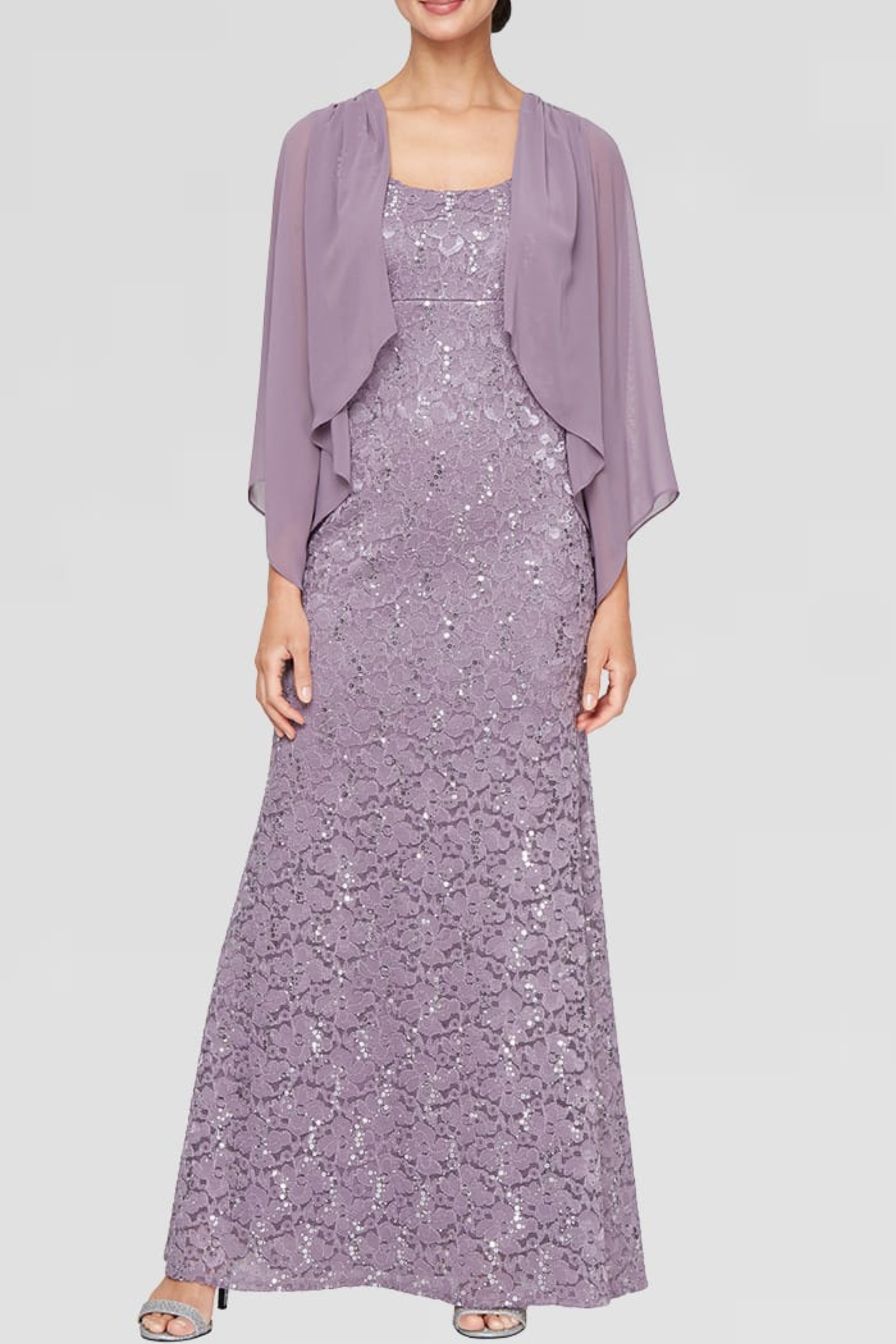 SLNY Luxe Lilac Sequined Lace Evening Gown with Sheer Chiffon Jacket