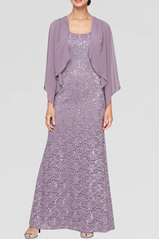 SLNY Luxe Lilac Sequined Lace Evening Gown with Sheer Chiffon Jacket