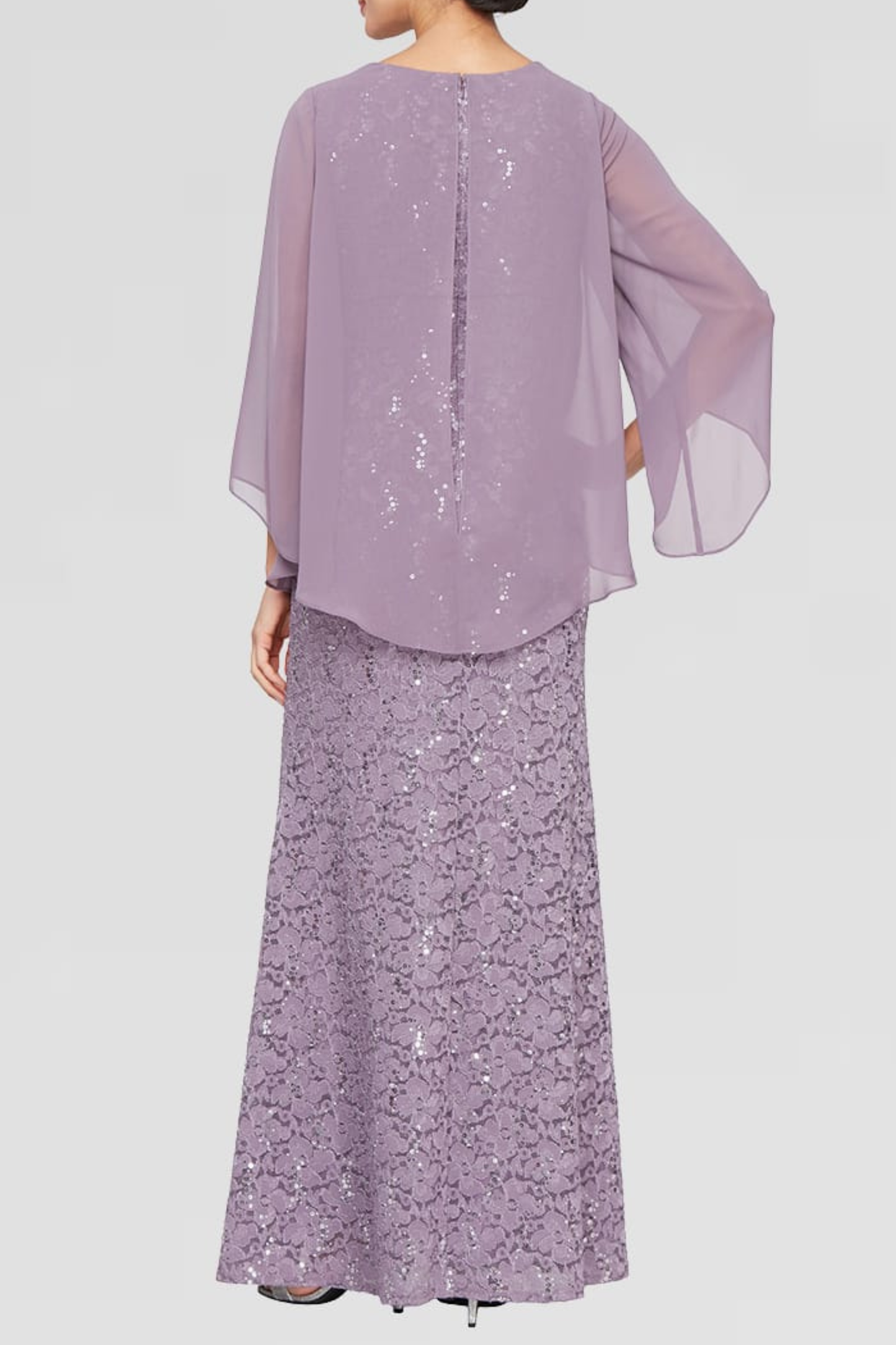 SLNY Luxe Lilac Sequined Lace Evening Gown with Sheer Chiffon Jacket