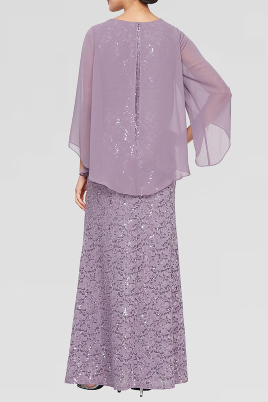 SLNY Luxe Lilac Sequined Lace Evening Gown with Sheer Chiffon Jacket