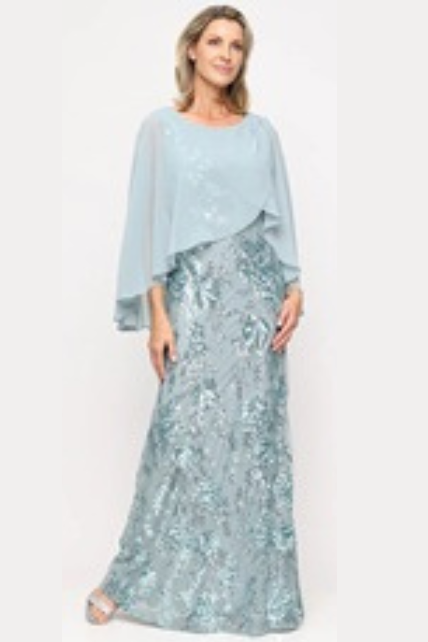 SLNY Sage Green Sequin Floral Lace Capelet Evening Dress