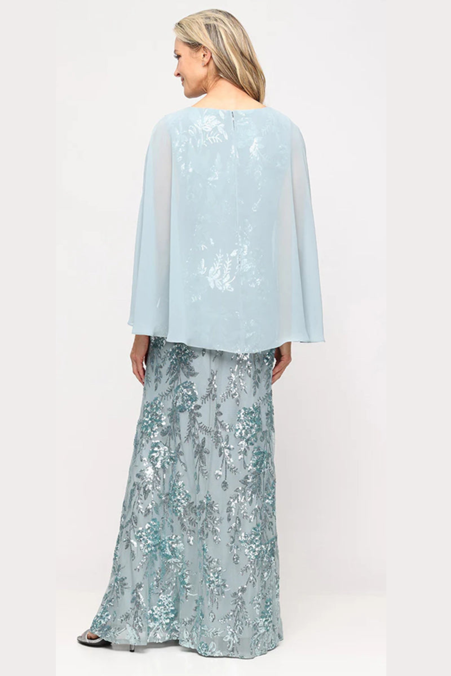 SLNY Sage Green Sequin Floral Lace Capelet Evening Dress