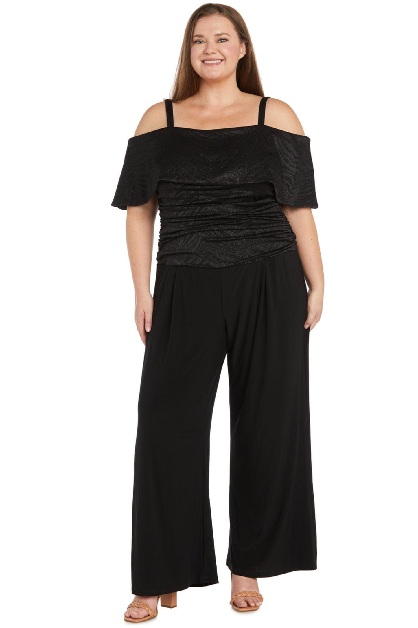 R&M Richards Metallic Cold-Shoulder Wide-Leg Jumpsuit