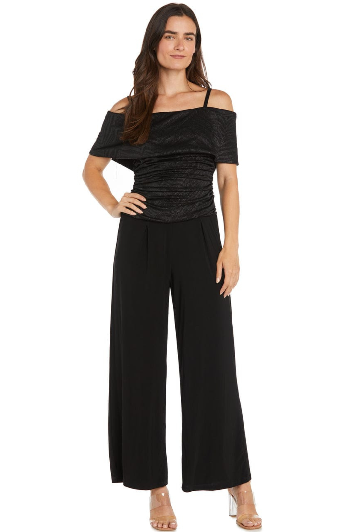 R&M Richards Metallic Cold-Shoulder Wide-Leg Jumpsuit