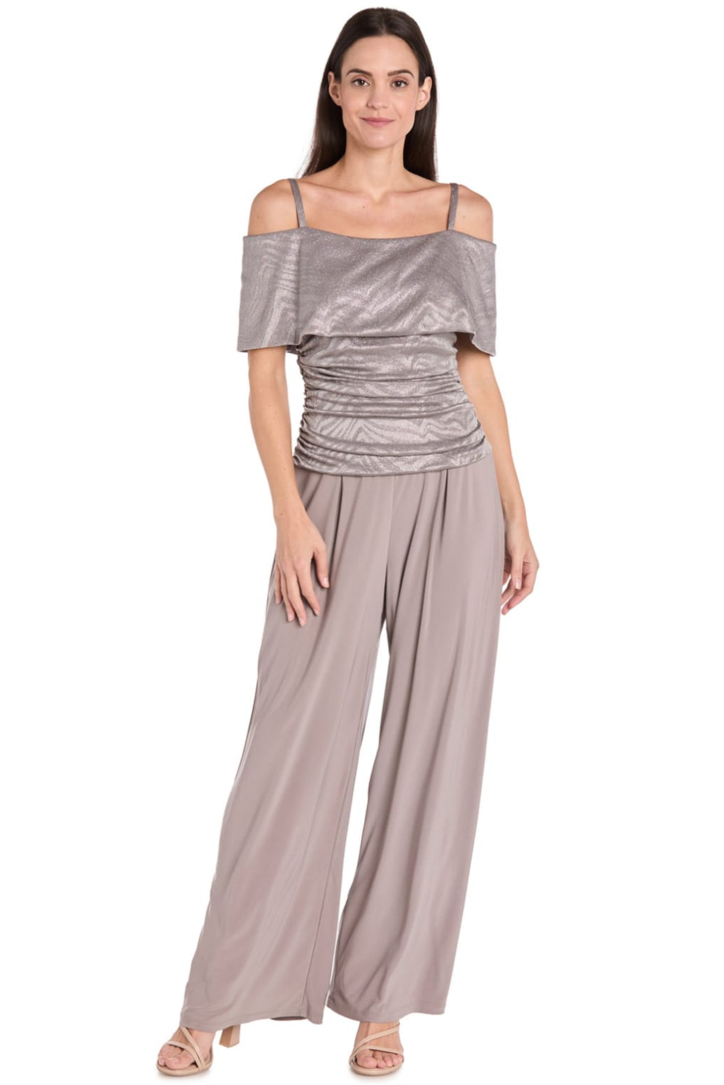 R&M Richards Metallic Cold-Shoulder Wide-Leg Jumpsuit
