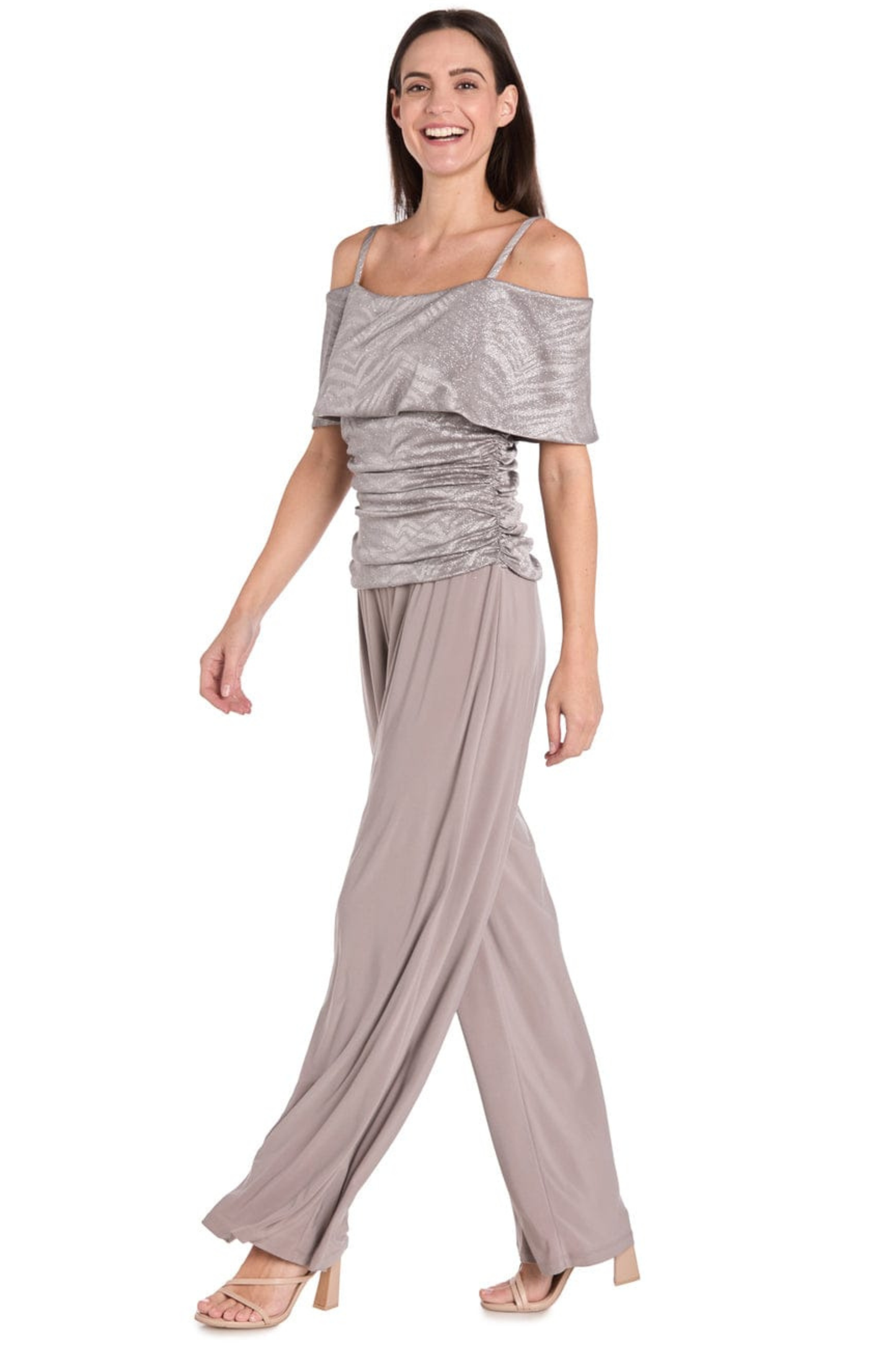 R&M Richards Metallic Cold-Shoulder Wide-Leg Jumpsuit