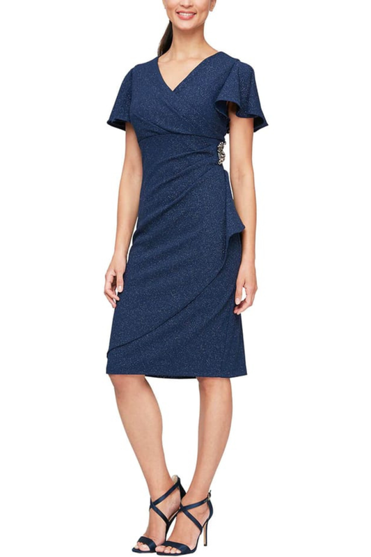 SLNY Navy Metallic Shimmer Flutter-Sleeve Faux-Wrap Cocktail Dress