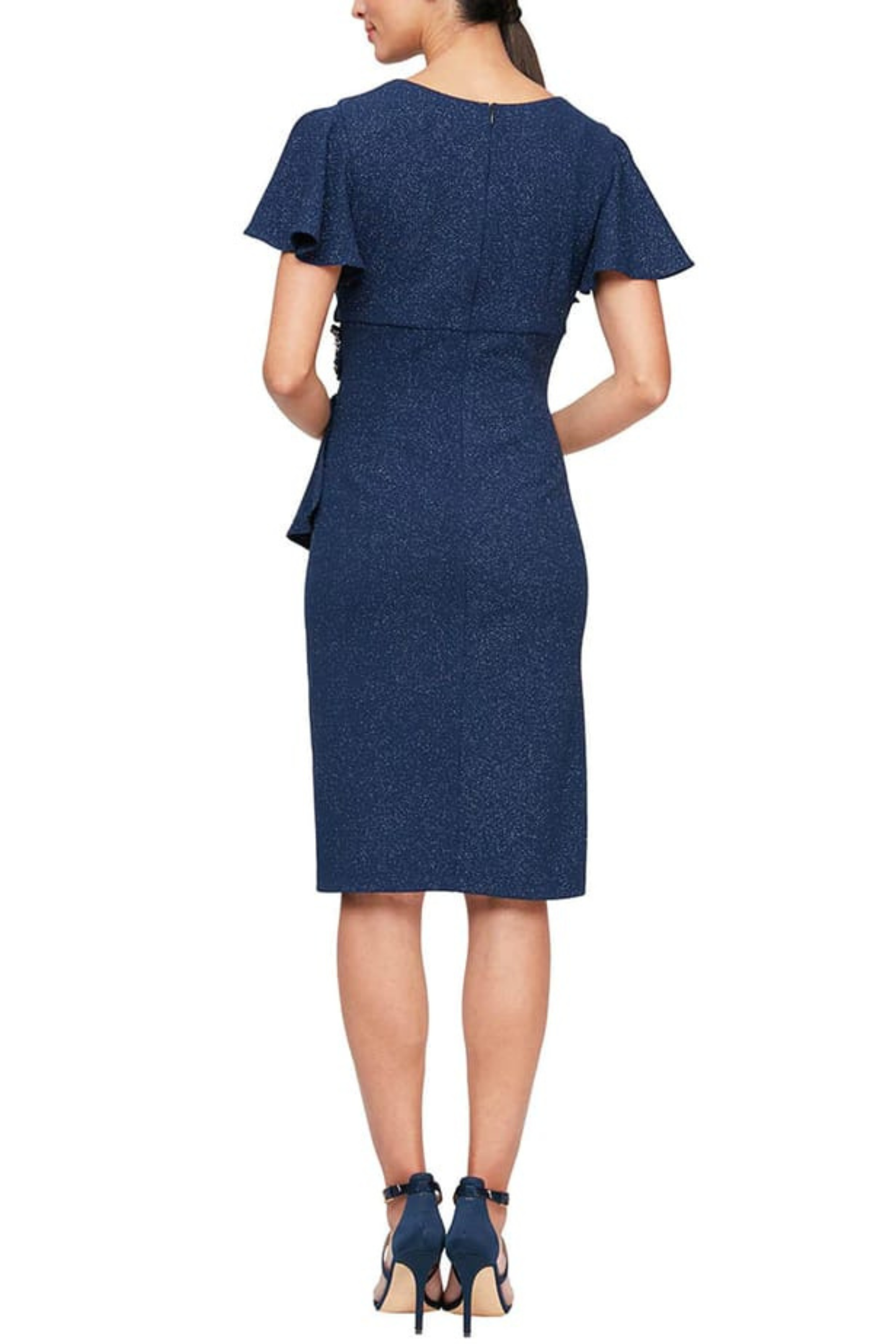 SLNY Navy Metallic Shimmer Flutter-Sleeve Faux-Wrap Cocktail Dress