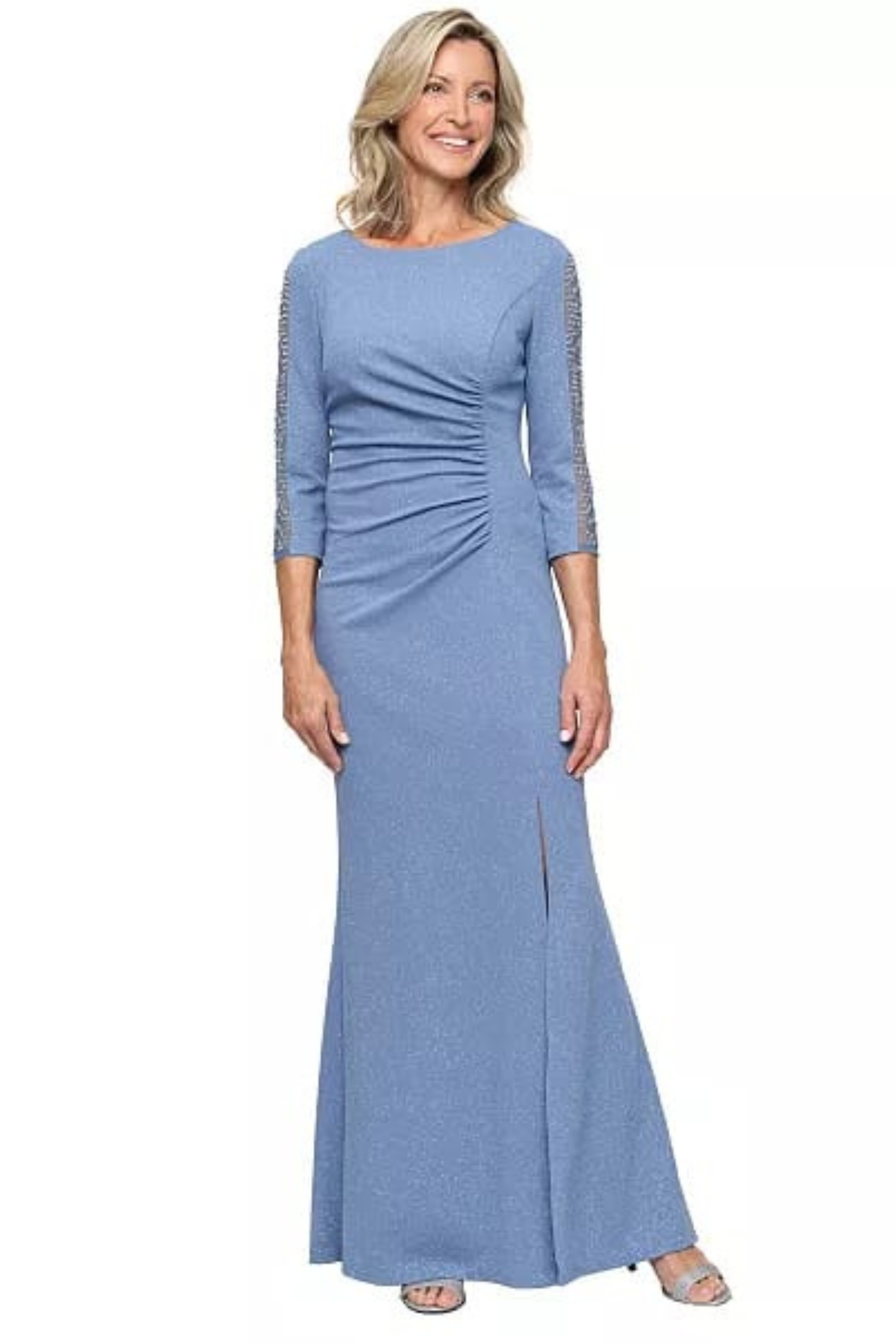 SLNY Slate Blue Metallic Shimmer Beaded-Sleeve Evening Gown