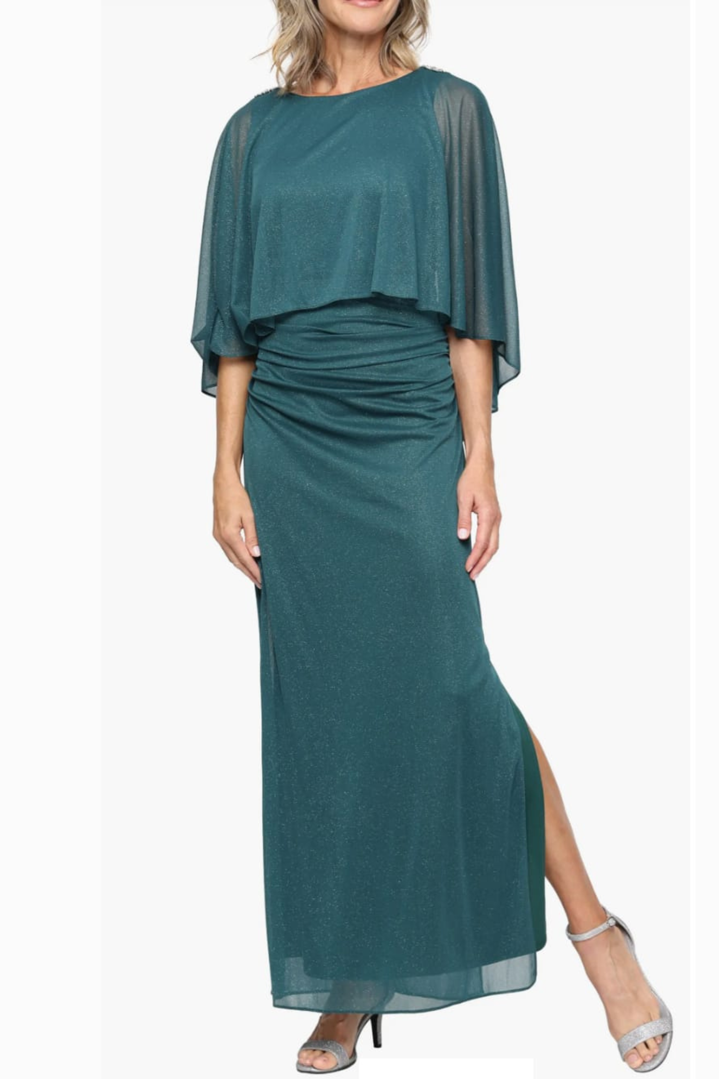 SLNY Pine Green Shimmer Capelet Ruched Evening Gown